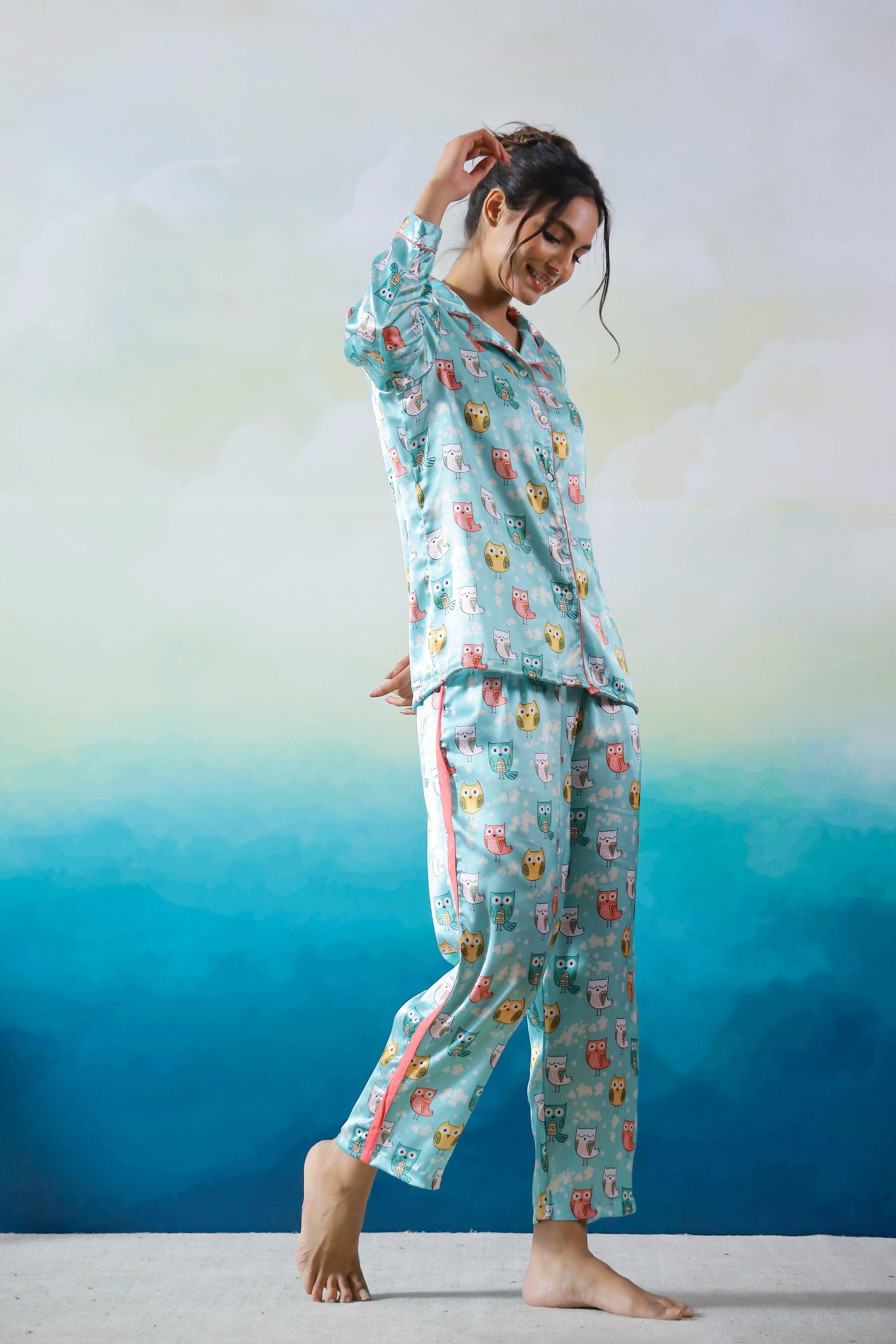 Cute Owl Print Satin Pajama Set - Cozy & Adorable Nightwear for Women | Co-Ord Set | Shop stylish women's clothing online at Label Flavia |