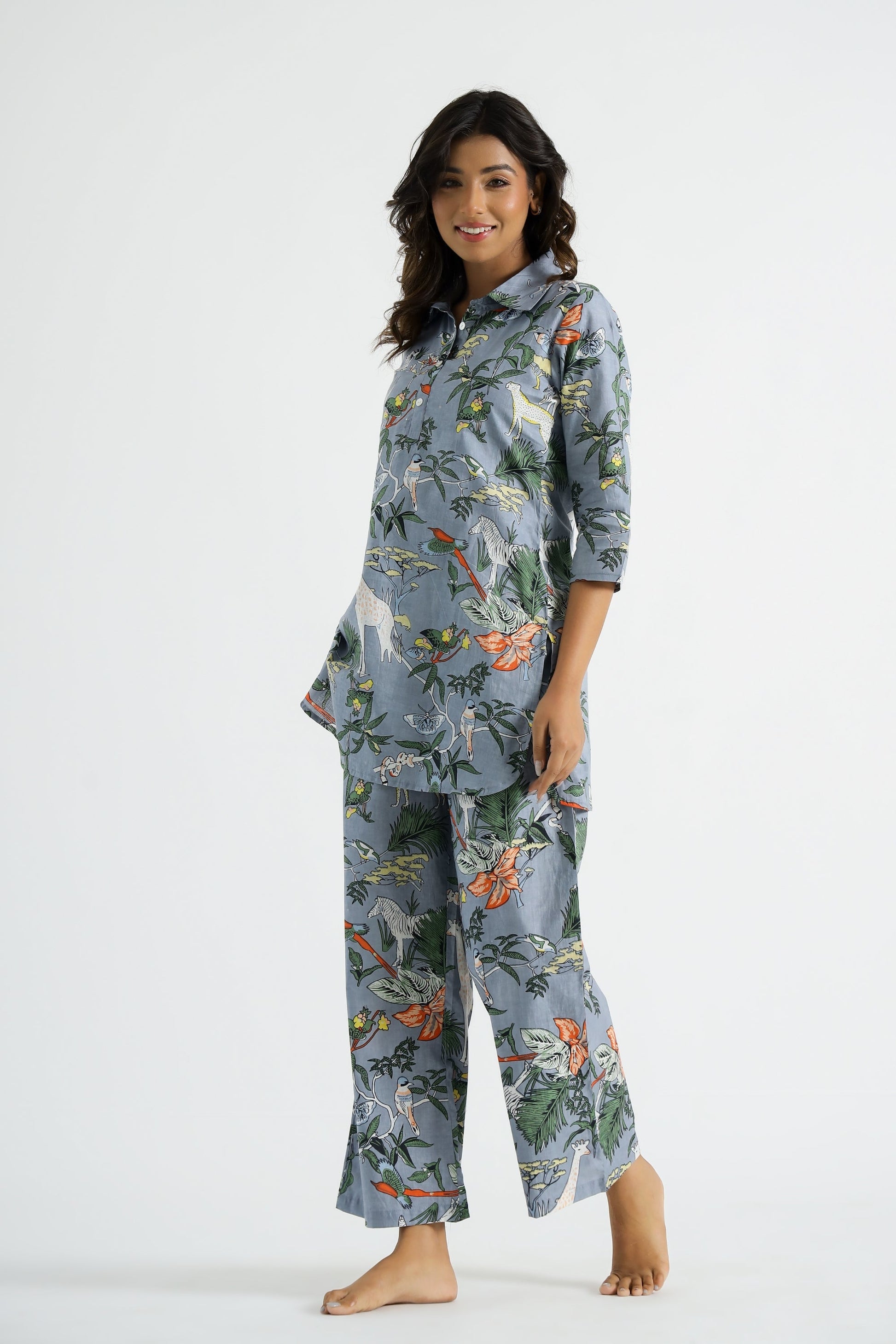 Grey Jungle Collared Cotton Lounge Co-Ord Set with 3 button | Co-Ord Set | Shop stylish women's clothing online at Label Flavia |