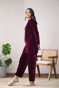 Stylish Wine Velvet Co-Ord Set with Boat Neck | Co-Ord Set | Shop stylish women's clothing online at Label Flavia |