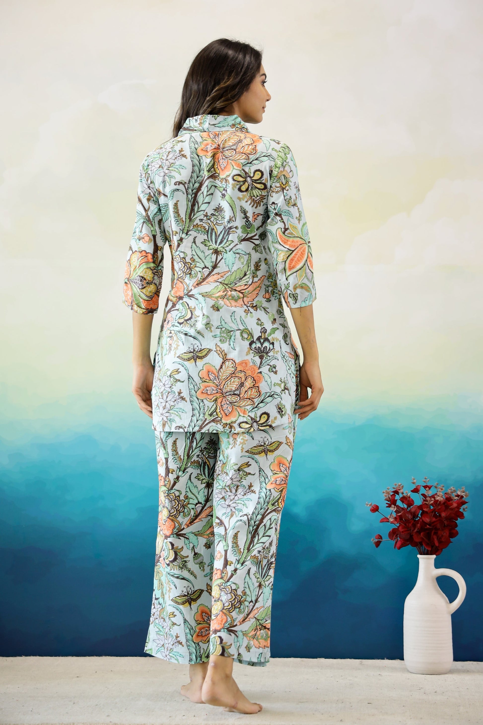 Blue & Orange Floral Jaal Cotton Coord Set | Co-Ord Set | Shop stylish women's clothing online at Label Flavia |