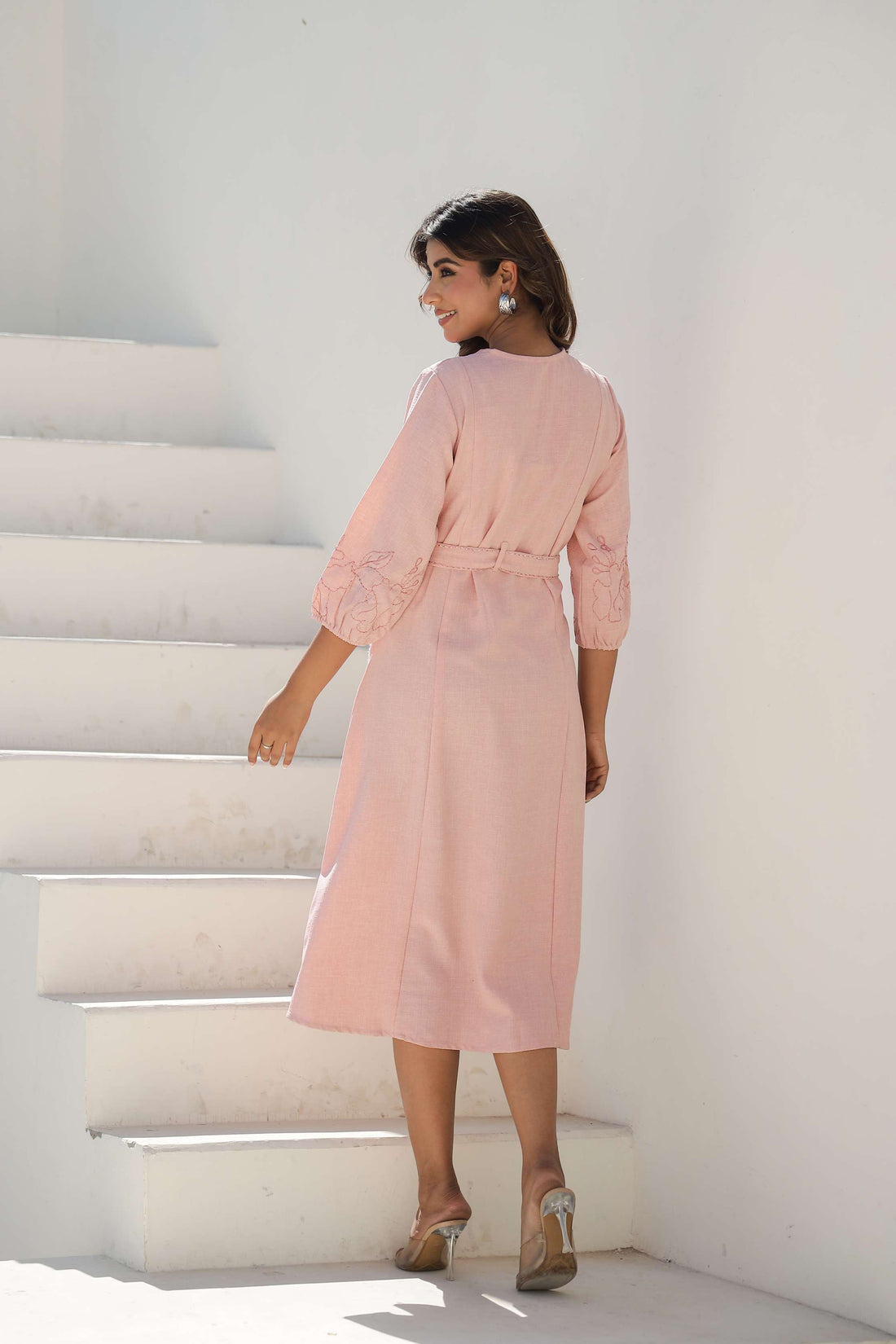 Soft Blush Pink Embroidered Cotton Midi Dress