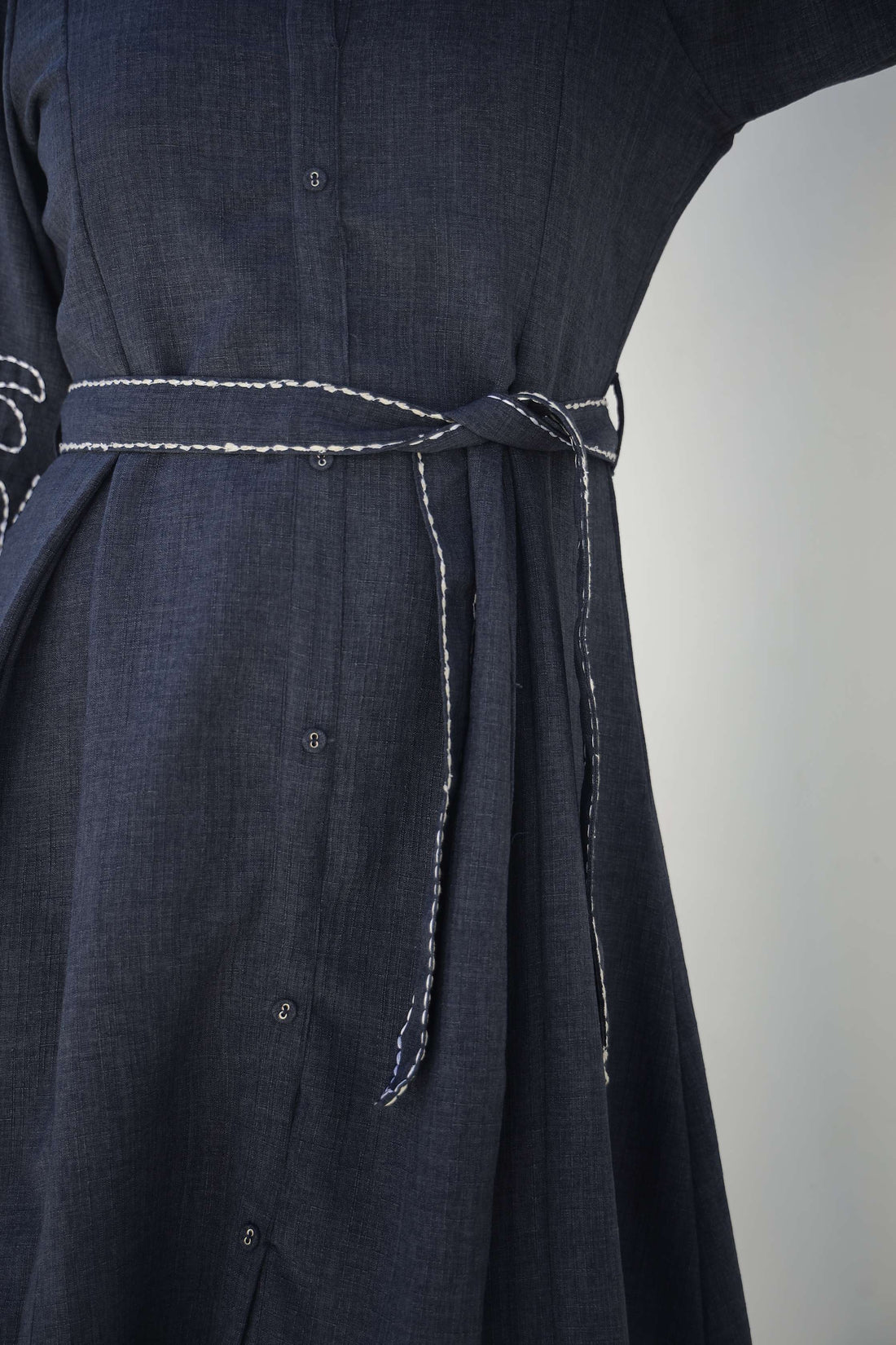 Chic Denim Blue Embroidered Cotton Dress with Belt