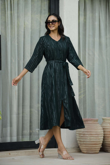 Bottle Green Printed Midi Dress with Belt & Button Front