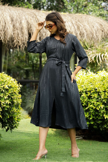Charcoal Black Belted Midi Dress with Subtle Dot Print