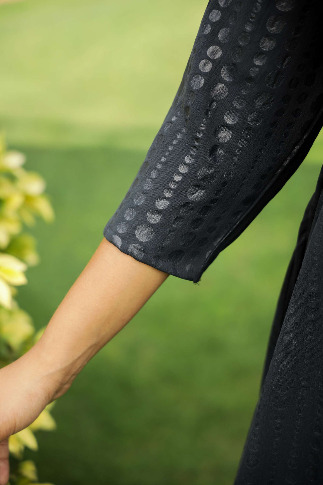 Charcoal Black Belted Midi Dress with Subtle Dot Print