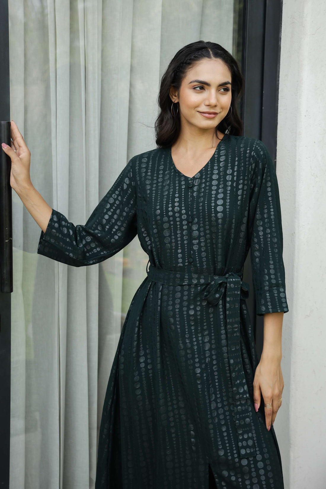 Bottle Green Printed Midi Dress with Belt & Button Front