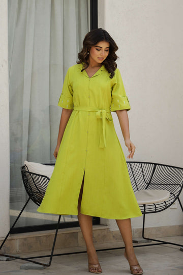 Lime Green Cotton Shirt Dress with Embroidered Sleeves & Belt