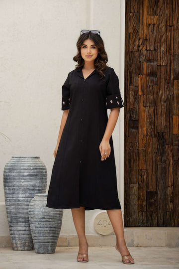 Classic Black Cotton Shirt Dress with Belt & Embroidered Sleeves