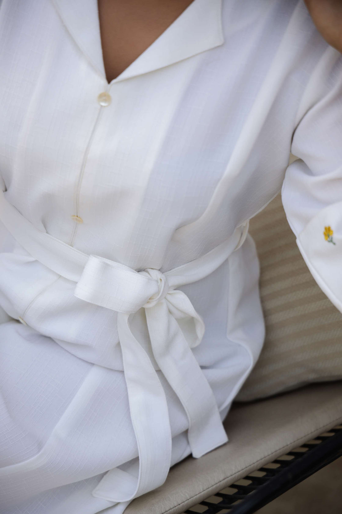 White Cotton Shirt Dress with Embroidered Sleeves and Tie-Up Belt