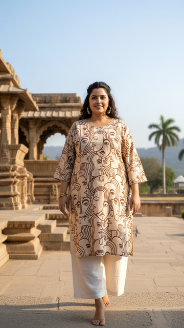 Abstract Face Print Plus Size Kurta