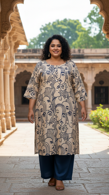 Artistic Line-Art Print Cotton Plus Size Kurta