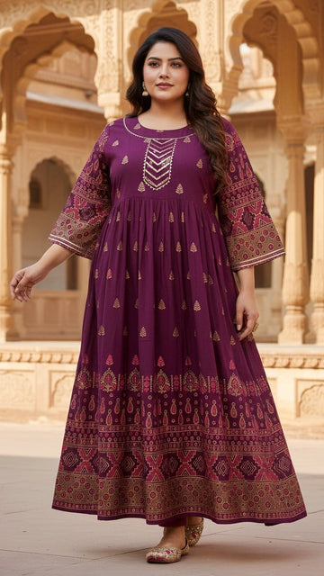 Plus Size Cotton Purple Abstract Printed Gown