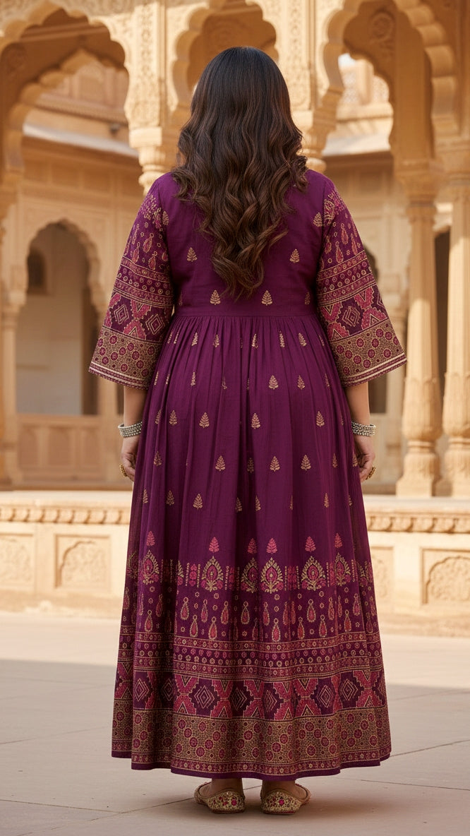 Plus Size Cotton Purple Abstract Printed Gown