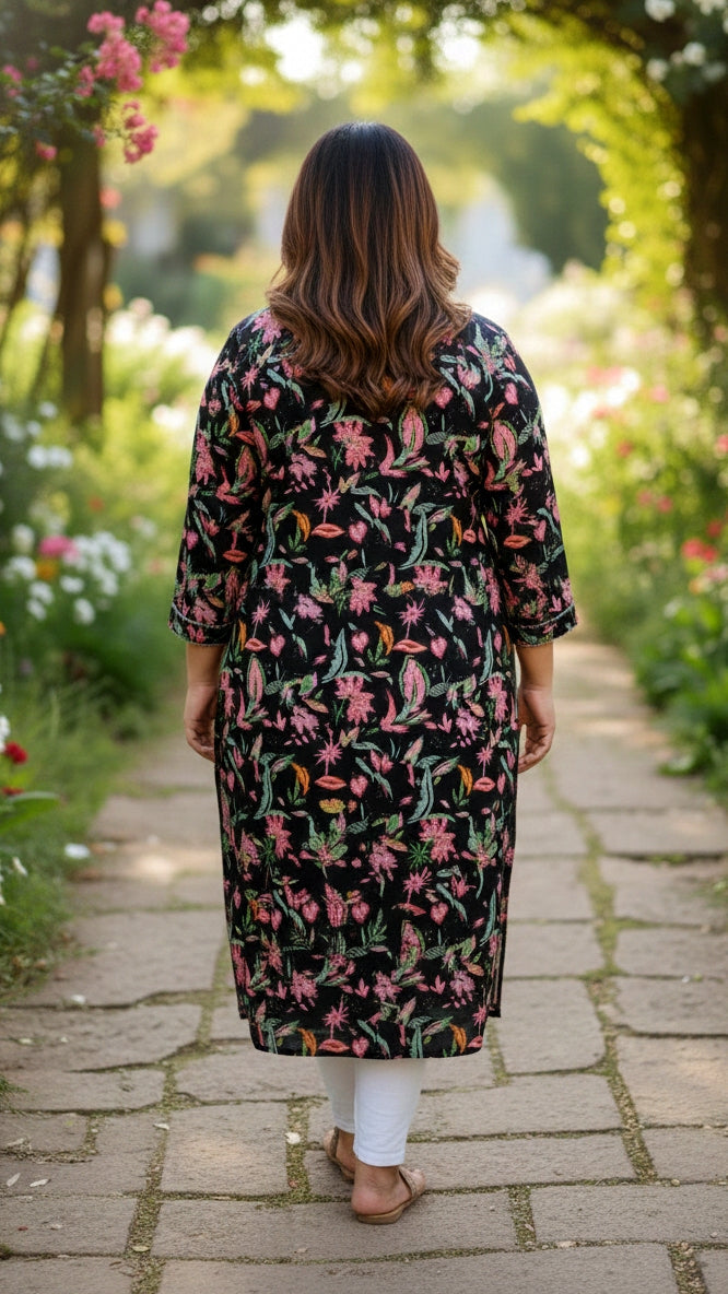 Plus Size Black Floral Printed Kurta