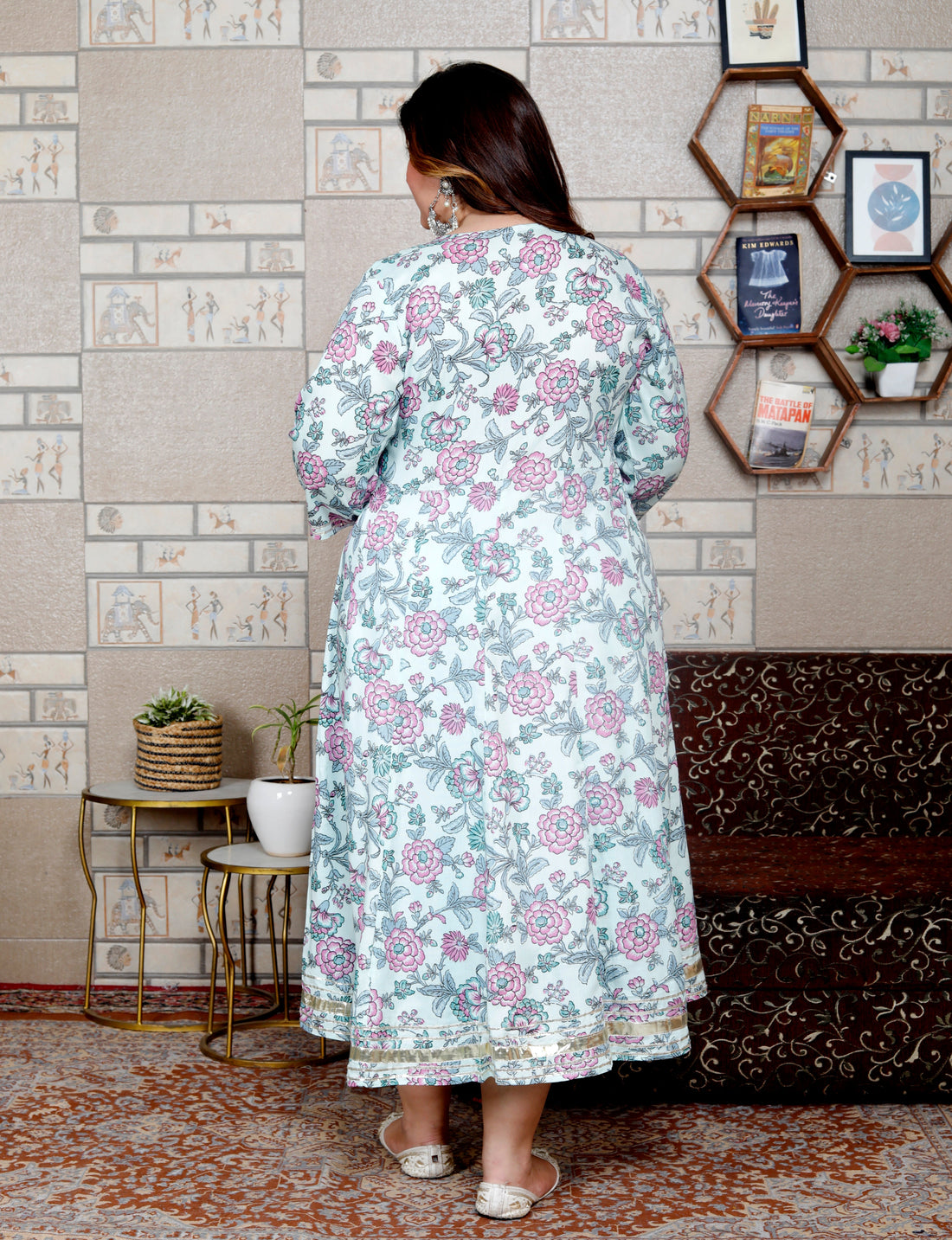 Plus Size Blue Cotton Blend Printed Gown (B34-Blue)