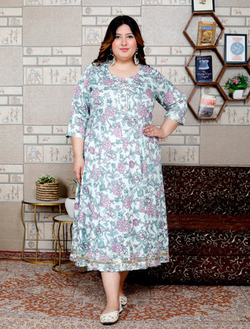 Plus Size Blue Cotton Blend Printed Gown (B34-Blue)