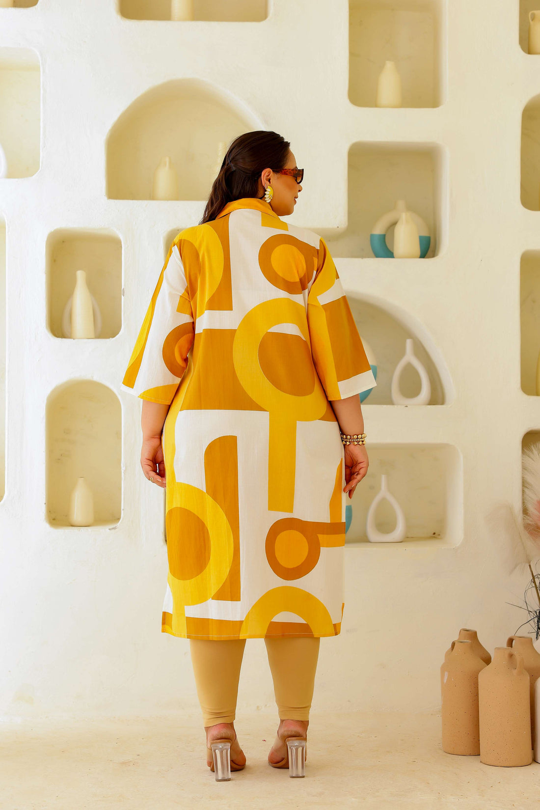 Women's Plus Size Printed A-Line Kurti – Black & Beige Abstract Design | 3/4th Sleeve