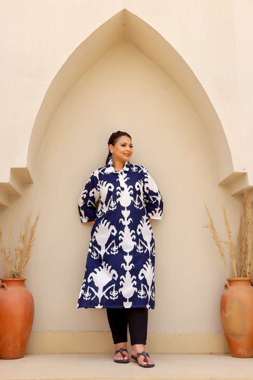 Elegant Plus Size Blue & White Ikat Print Kurti – Classic Comfort for Everyday Style