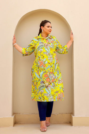 Vibrant Yellow Floral Print Plus Size Kurti – Bright & Breezy Everyday Wear