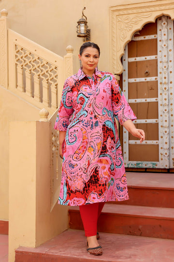Bold Pink Paisley Plus Size Kurti – Artistic & Vibrant Elegance