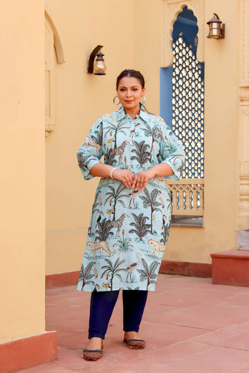 Sky Blue Safari Print Cotton Kurti for Women