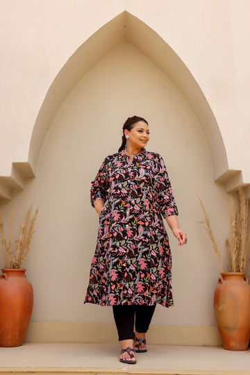 Black Floral Paradise Print Cotton Kurti for Women