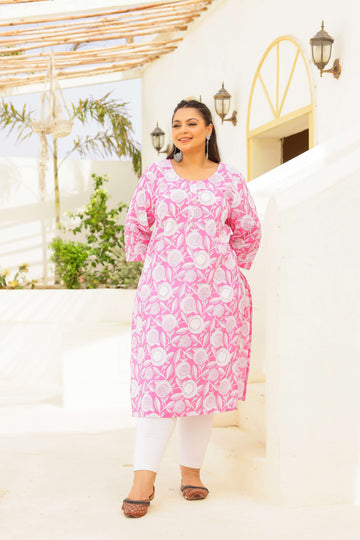 Plus Size Pink Floral Printed Cotton Kurti for Women