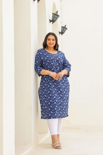 Plus Size Navy Blue Paisley Cotton Kurti for Women