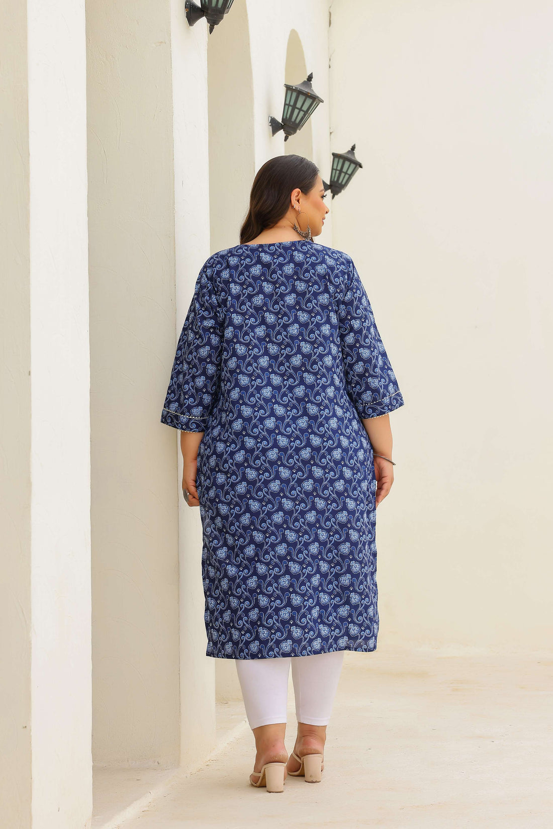 Plus Size Navy Blue Paisley Cotton Kurti for Women