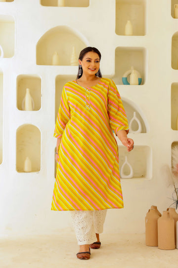 Plus Size Women's Yellow & Pink Cotton Striped Kurti – Comfortable & Stylish