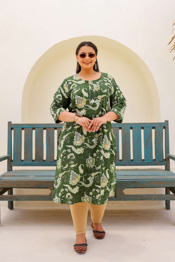 Plus Size Green Cotton Kurti with Floral Print – Comfortable & Stylish