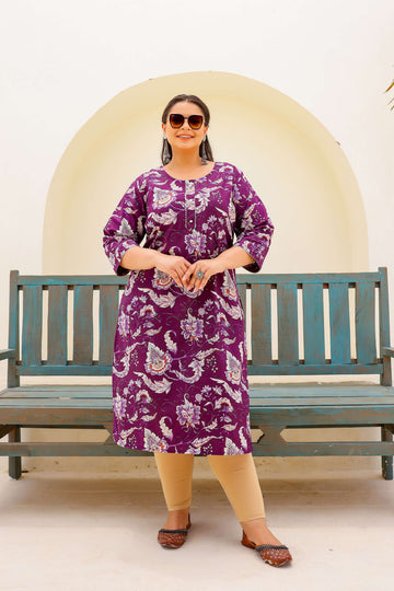 Plus Size Lavender Floral Printed Kurti – Soft Cotton Comfort