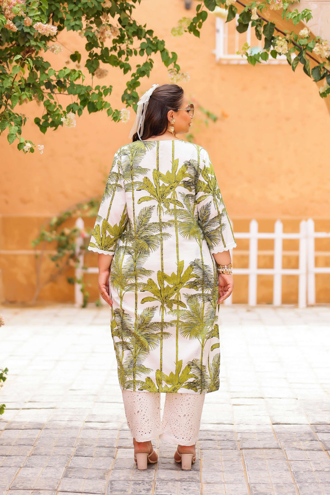 Plus Size White Palm Tree Printed Kurti – Breezy Summer Cotton