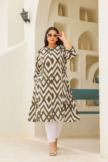 Plus Size Olive Geometric Kurti – Contemporary Charm with a Bold Edge