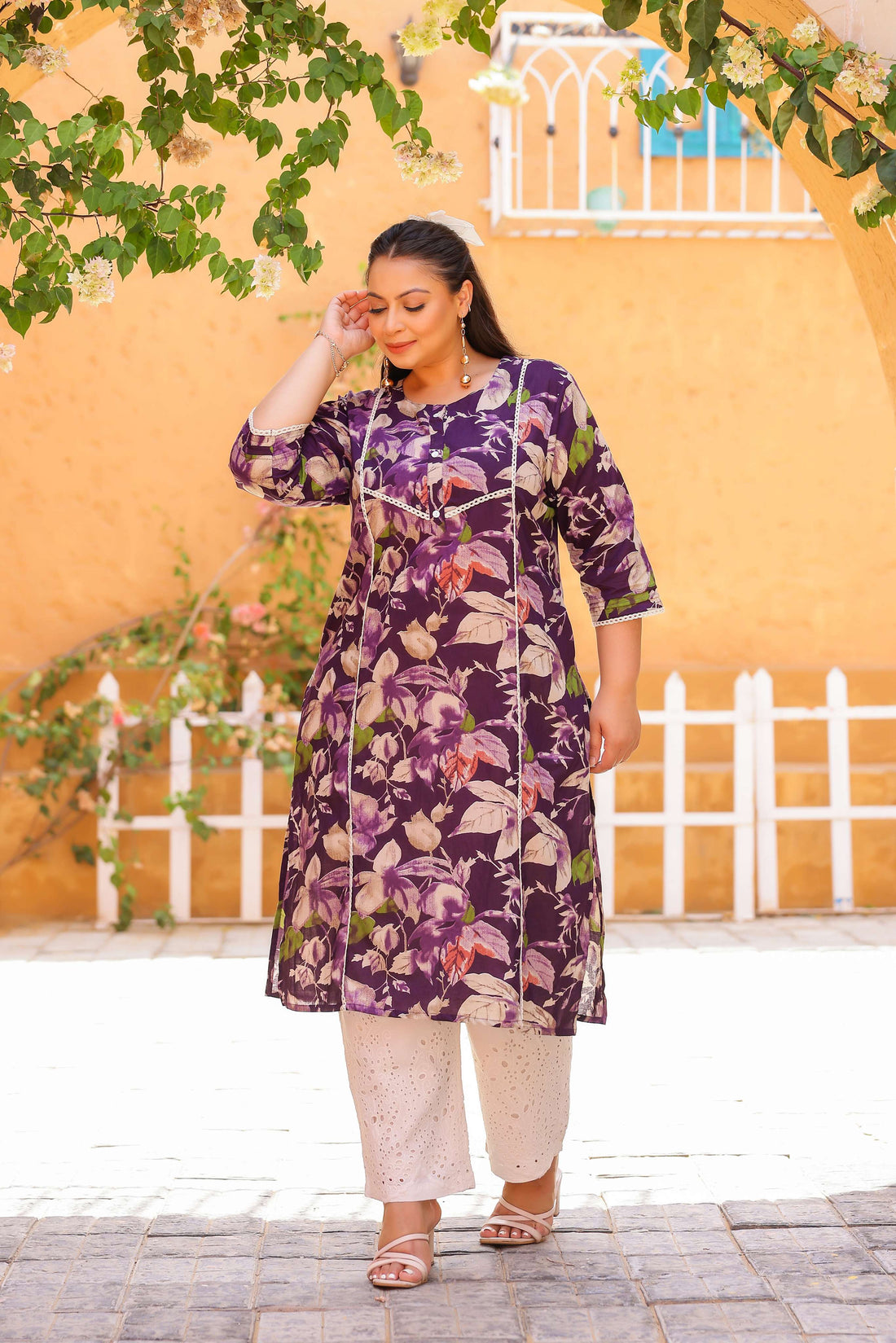 Elegant Purple Floral Printed Kurta for Women | Soft Cotton Blend | Ethnic Casual Wear