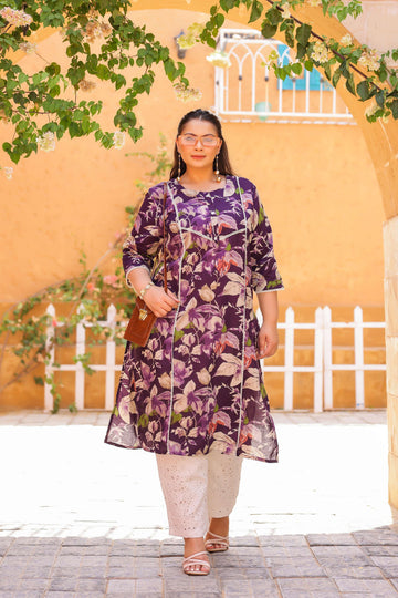 Elegant Purple Floral Printed Kurta for Women | Soft Cotton Blend | Ethnic Casual Wear