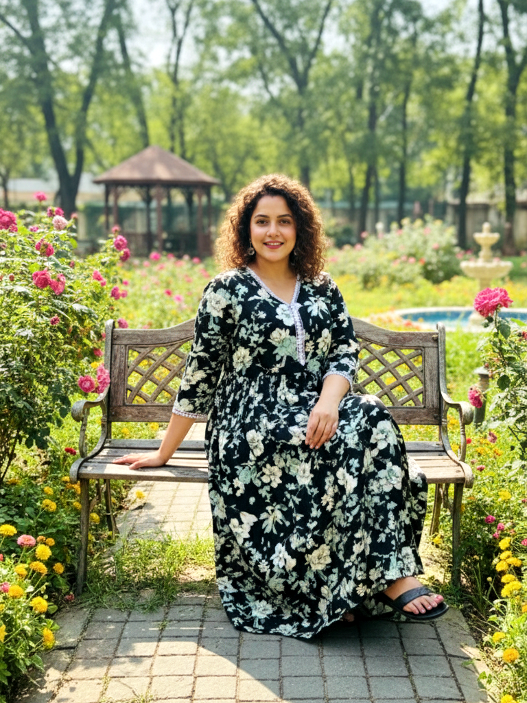 Black Contemporary Floral Print Anarkali Style Dress