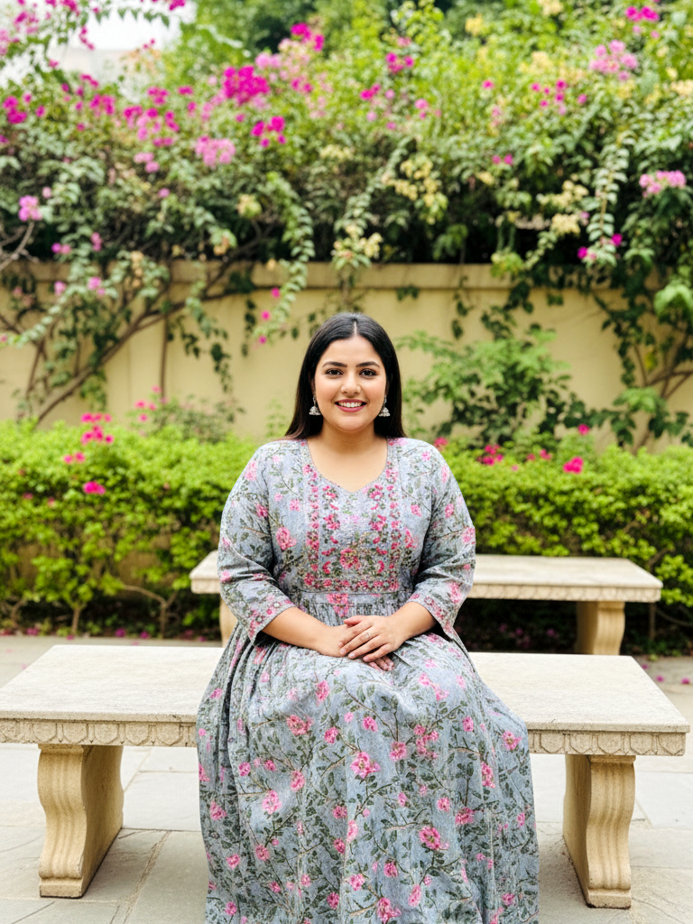 Grey Cotton Comfort Plus-Size Gathered Ethnic Dress