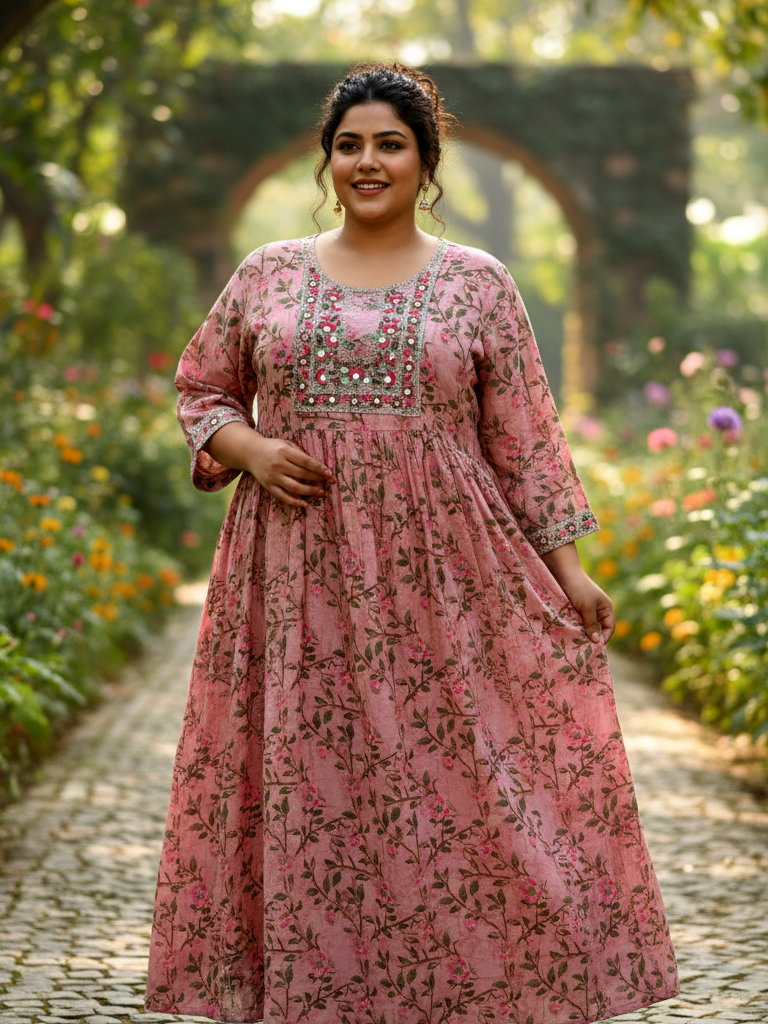 Pink Cotton Comfort Plus-Size Gathered Ethnic Dress
