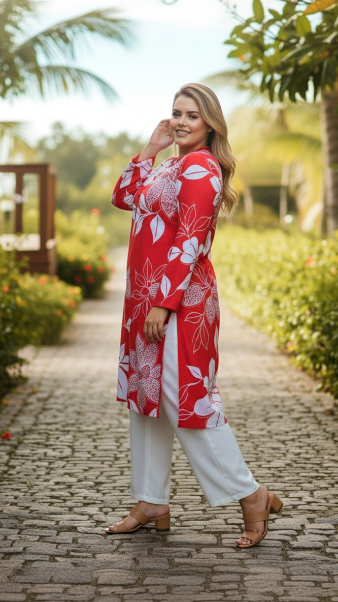 Tropical Red & White Plus-Size Maxi Kurta