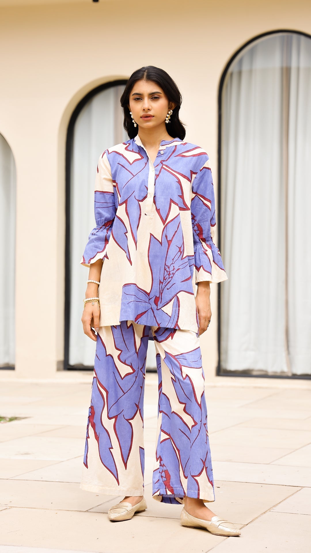 Lavender Cream Leaf Print Co-ord Set