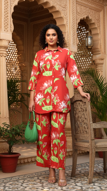 Plus Size Red Floral Print Cotton Co-ord Set