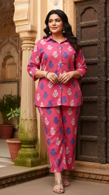 Curvy Rosy Pink Floral Button-Down Shirt & Pant