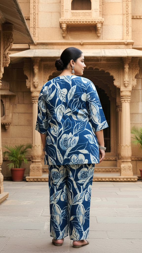 Plus Size Blue Leaf Print Cotton Co-ord Set – Stylish and Comfortable Ethnic Wear for Women