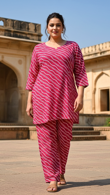 Plus Size Pink Printed Cotton Co-ord Set – Comfortable Everyday Wear for Women