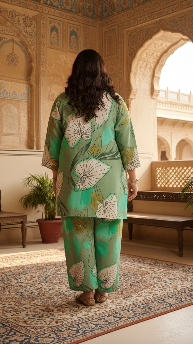 Plus Size Green Printed Cotton Co-ord Set – Comfortable Everyday Wear for Women