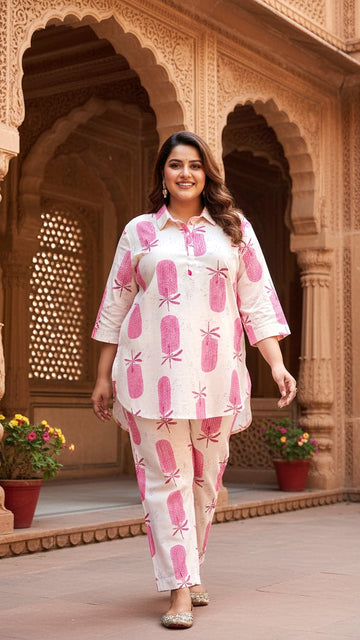Plus Size White & Pink Printed Cotton Co-ord Set – Comfortable Everyday Wear for Women