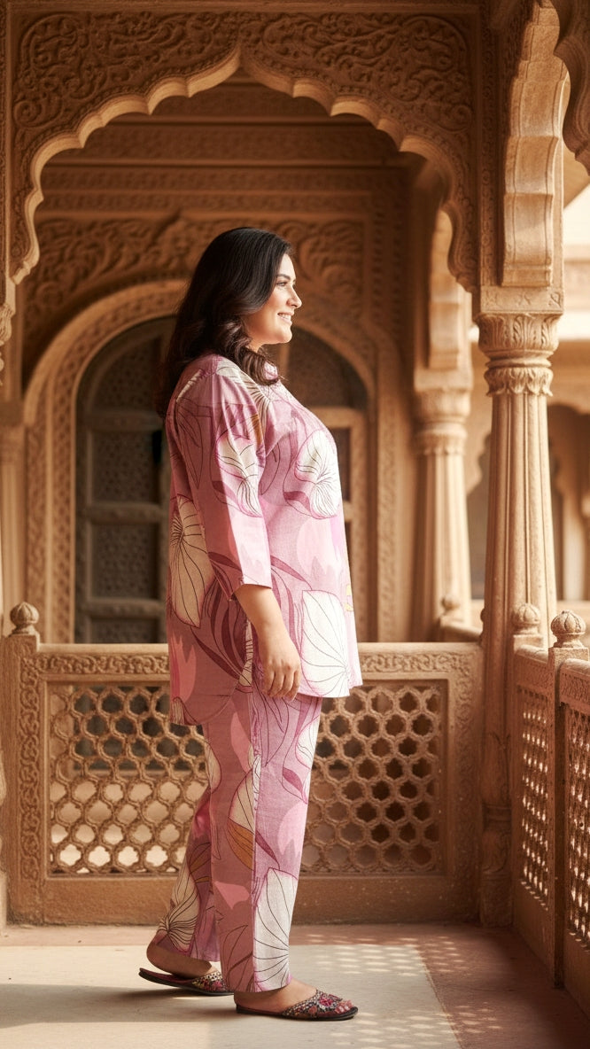 Plus Size Pink Printed Cotton Co-ord Set – Comfortable Everyday Wear for Women