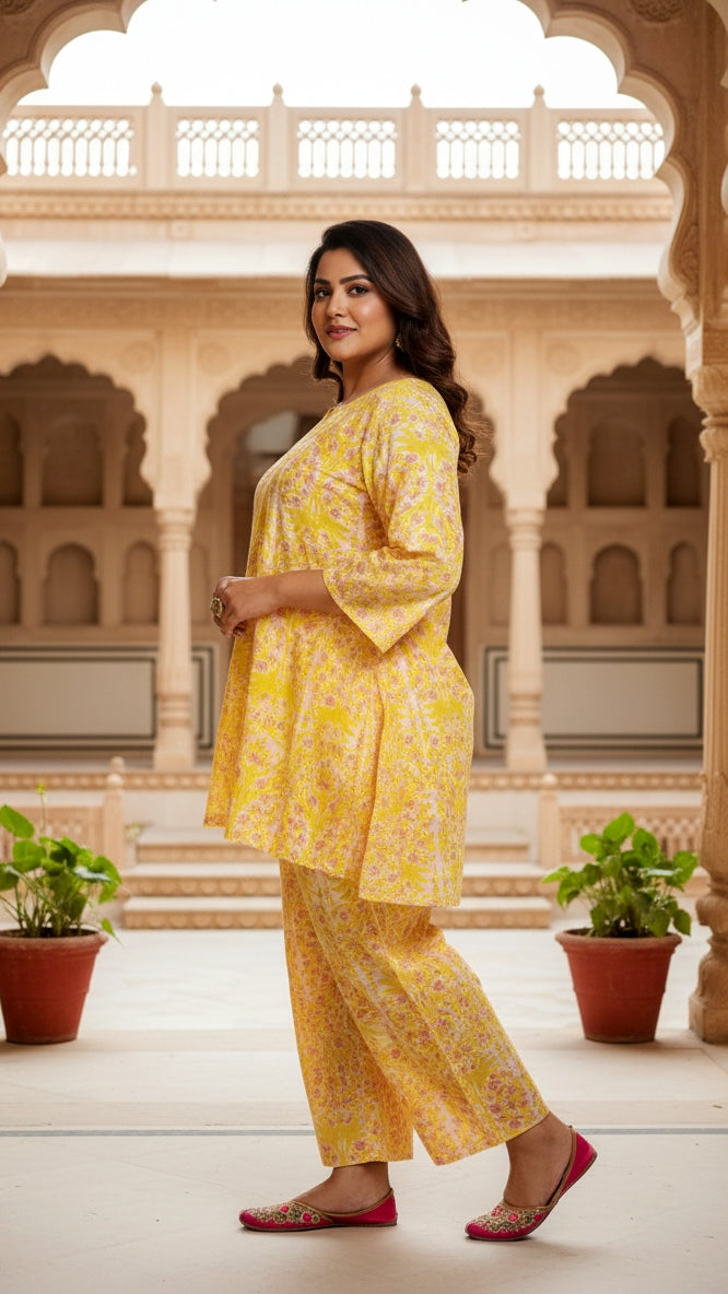 Plus Size Yellow Printed Cotton Co-ord Set – Comfortable Everyday Wear for Women