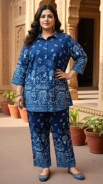 Plus Size Indigo Cotton Co-ord Set – Comfortable Party Wear for Women